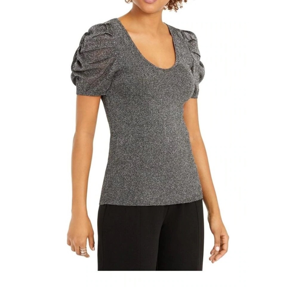 INC International Concepts Shimmer Puff Sleeve Sweater, Short Sleeves, Black, M
